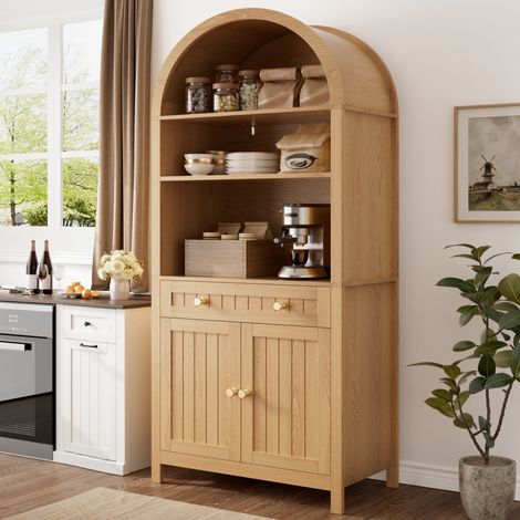 FLORAGRACE Armoire haute de cuisine à arche, double porte, étagères à épices, MDF/panneau, naturel (1/5)