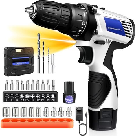 Kit de perceuse sans fil 16.8V,couple de serrage jusqu'à 45 Nm,couple de serrage18+1,mandrin3/8"sans clé et éclairage LED pour les projets de bricolage à la maison et au jardin (1/5)