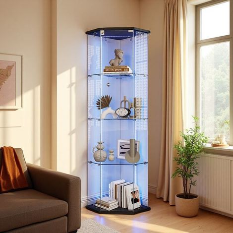 Glasvitrine - Pentagonale LED beleuchtet - 1 Tür - 4 verstellbare Regale - Sicherheitsglas (1/5)