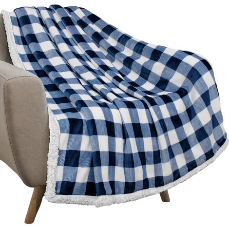 Buffalo Sherpa Karodecke  Marineblau-weiß karierte Flanell-Fleecedecke für Schlafsofa  Weiche und warme Mikrofaserdecke  50 x 60 cm