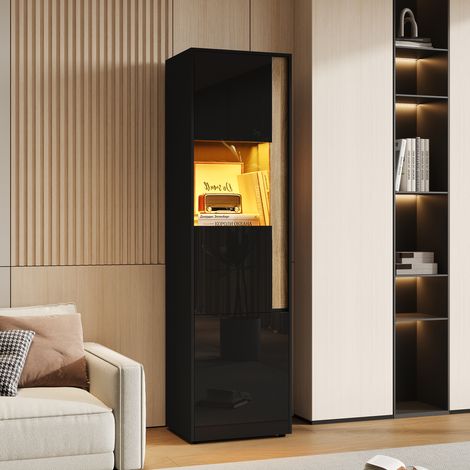 Vitrine haute avec éclairage LED réglable, 2 portes, meuble de rangement noir et bois naturel, 50x40x179 cm (1/5)