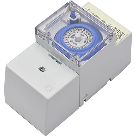 Minuterie mécanique 24 heures, 110-230 V CA, intervalle de 30 minutes, 48 cycles marche/arrêt programmables, montage sur rail DIN, relais. (1/5)