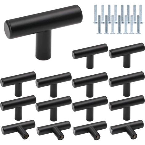 15 x Ø12 mm Schubladenknöpfe, Länge 50 mm, T-Bar-Stick, Küchengriff, Möbel, Schranktür, Edelstahl, Einloch-Möbelgriffe und Knöpfe, T-Bar, Edelstahl, Küchenschrankgriff für Schubladentüren (schwarz) (1/4)