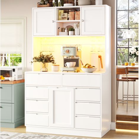 Moderner Hochschrank, Küchenschrank mit Smart LED Beleuchtung, Hochschränke fürs Wohnzimmer, 8 Schubladen, Magnetverschluss, Höhenverstellbaren Böden, 120 ×40×183.5cm, Weiß (1/5)