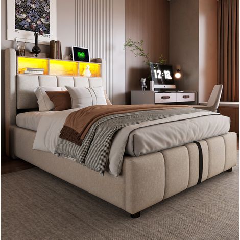 CHICFURN Cama infantil 90x200 cm lino beige con LED, USB, almacenaje y colchón (1/5)