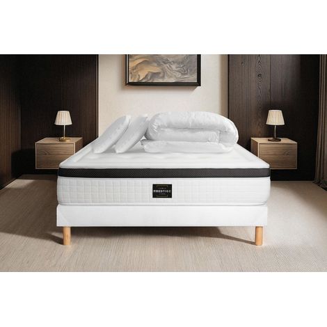 Ensemble matelas sommier Privilège 140 x 190 cm - Couleur : Blanc avec 2 oreillers et couette (1/5)