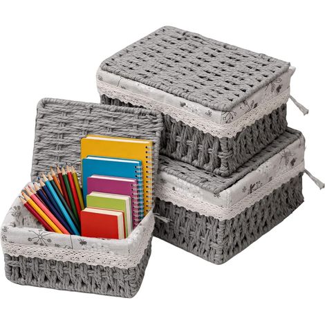Lot de 3 paniers de rangement avec couvercle, 3 tailles, gris, pour cosmétiques, collations, papeterie, convient pour la maison et le bureau, style bohème (gris)