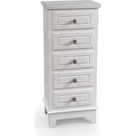 Commode Perla en bois blanc décapé 40 x 30 x 94 avec 5 tiroirs élégants