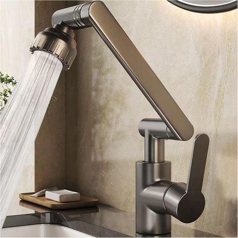 Robinet Cuisine Rabattable, 1080° Flexible Rotation Mitigeur Cuisine,Robinet Evier Sous Fenêtre en Acier Inoxydable, 2 Modes de Pulvérisation (1/5)