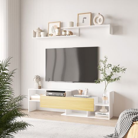 Blanc et bois - Armoire TV avec étagère murale, étagères ouvertes et meuble en bois, meuble TV moderne pour salon et chambre