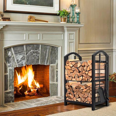 Support à bûches extensionérieur/intérieur en acier noir – Lot de 5 outils de cheminée – Porte-bois solide pour cheminée, poêle à bois, brasero, jardin ou terrasse – Housse imperméable incluse – Coule (1/5)