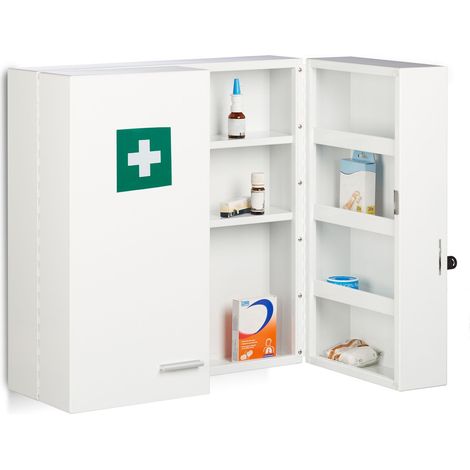 Relaxdays Armadietto Medicinali, Pronto Soccorso, Cassetta da Parete, 11 Scomparti, 2 Ante, HLP: 53x53x21,5 cm, Bianco