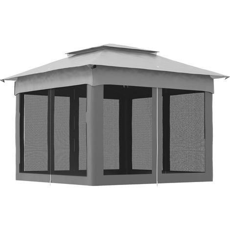 Carpa plegable tipo cenador de 3,3 x 3,3 m con 4 paneles laterales de malla resistentes a los rayos UV y bolsa de transporte, color gris claro. (1/5)