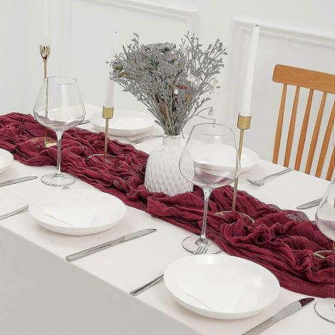 Chemin de table bohème transparent, chemin de table champêtre en tulle, long, idéal pour les mariages, bordeaux, ensemble de 4 pièces. (1/5)