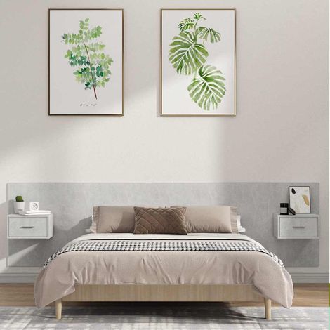 Tête de lit avec 2 tables de chevet murales Gris béton en bois d’ingénierie, 42.55kg - PANGIVO (1/5)