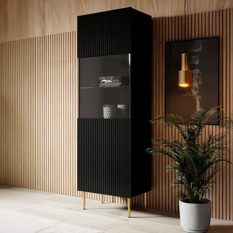 Vitrina Raccuja, vitrina de salón con puerta de cristal y detalle, elevada del suelo, 60 x 42 h 183 cm, color negro (1/5)