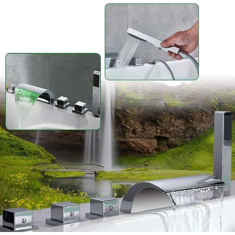 Robinet de baignoire à 5 trous - Robinet cascade LED - Douchette à main - Robinetterie de baignoire - Trois poignées - Mélangeur chromé - Lavabo - Ensemble de douche - Robinet de baignoire - Robinet (1/5)
