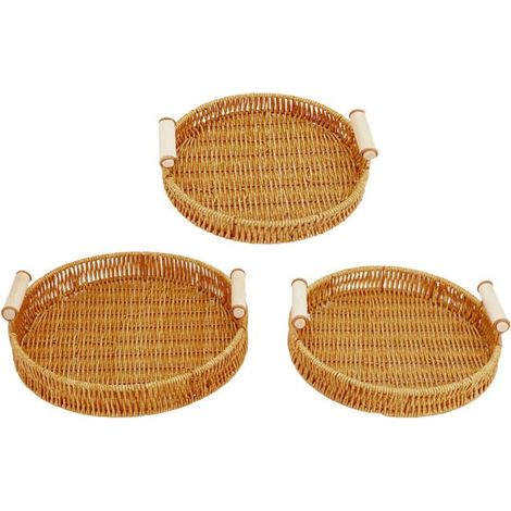 3 Plateau de service, tissé à la main, poignées en bois, plastique et eucalyptus, pour salon cuisine bureau (1/5)