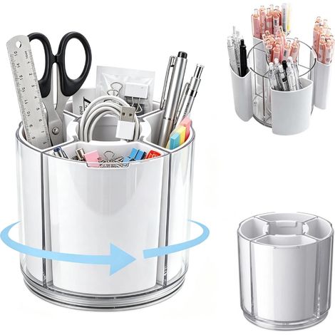 Organisateur de Bureau Rotatif à 360°,Rotatif Pot a Crayon 9 Compartiments,Porte-stylo Amovible,Rangement de Marqueurs,rotatif Organisateur de Bureau pour la Maison,L'école,Bureaux,Blanc (1/5)