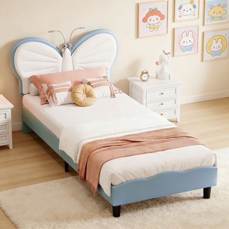 Lit Enfant Fille 90x190CM avec LED, Tête de Lits Réglable en Hauteur en Forme de Papillon, Cadre de Lit Princesse Simple,Sommier à Lattes,Velours et PU,Bleu (1/5)