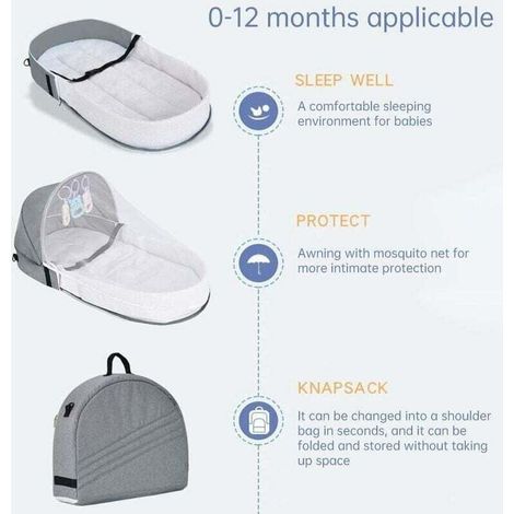 Reisebett für Babys mit Moskitonetz, faltbares Babybett mit Moskitonetz, bionisches Reisebett aus atmungsaktiver Baumwolle, Kuschelnest, Anti-Moskitos, tragbares Babybett für 0-36 Monate (Grau). (1/5)