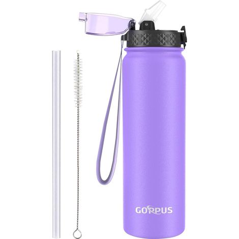 Edelstahl Thermosflasche 1L mit Strohhalm, auslaufsicher, BPA-frei, violett (1/5)