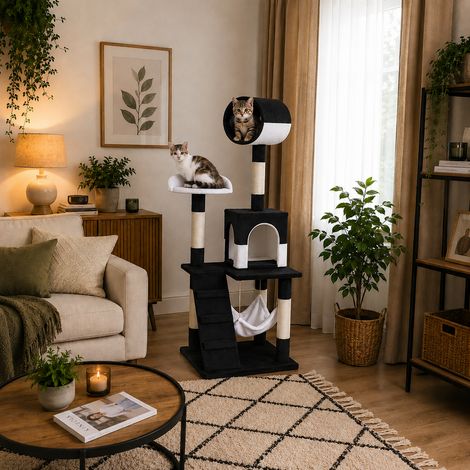 belviona Katzenkratzbaum, Kletterbaum für Katzen mit Höhle, Hängematte, Treppe & Liegeplattform, 133 cm, schwarz/weiß (1/5)