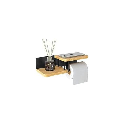 Wandmontierter Toilettenpapierhalter aus Bambusholz [Kein Bohren erforderlich] Hochwertiger Toilettenpapierspender mit Ablagen, Schwarz (1/5)