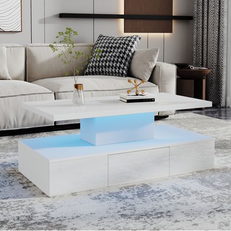 Mesa de centro 100x50x39 cm blanca con LED de 16 colores, 1 cajón, aglomerado MEUBLIV (1/5)