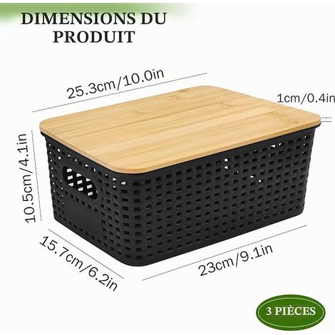 Boîtes de Rangement Couvercle 23x15,7x10,5cm Noir Boite Plastique Couvercle Bambou Bac Rangement Tressé Paniers et Boîtes Rangement Empilables Pour Cuisine Salle de Bain (1/4)