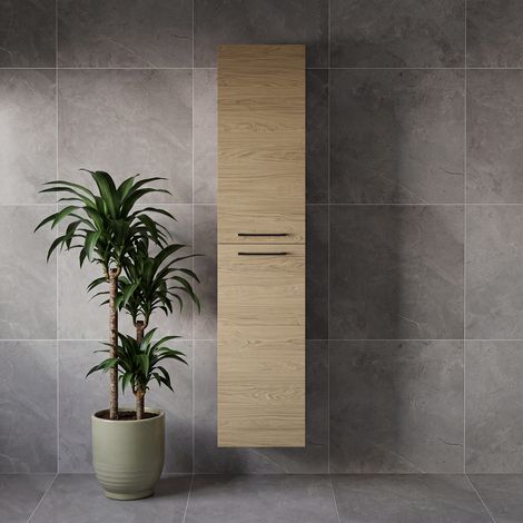 Napoli Light Oak 350mm x 1600mm Wall Mounted 2 Door Storage Unit - 350mm - Matt Black 160mm Handle