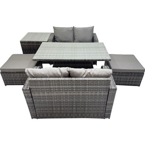Fimous 6-seater Patio Height Adjustable Rising Lifting Table Sofa Sets Rattan Garden Furniture Dining Set with 2 Big Stools Side Table Dark Grey Mixed (1/5)