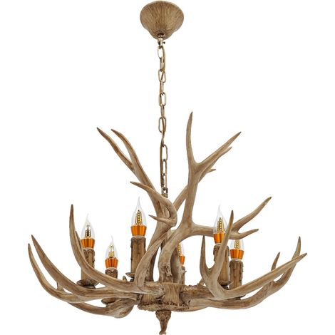 HAUTOUR Lampe Rétro à 6 Têtes en Résine - Lustre en Forme de Bois de Cerf - Suspension Vintage - Plafonnier d'Ambiance Avec Ampoule à Incandescence (1/5)