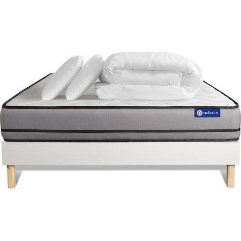 Komplettpaket Bett - Matratze 140x200 cm + Boxspringbett mit Lattenrost (im Set) + 2 Kopfkissen + Bettdecke - Actiflex Night