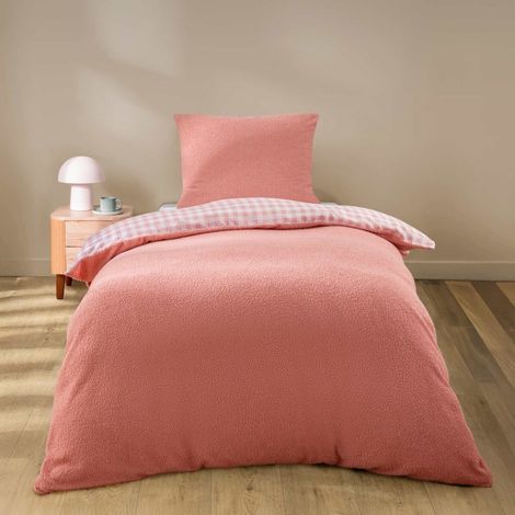 Housse de couette 140x200 + 1 taie d'oreiller bouclette rose (1/4)