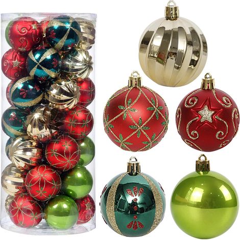 Décorations d'arbre de Noël, ensemble de décoration de boules de Noël 30ct 2,36" Ensemble de décorations d'arbre à suspendre incassables en boules de Noël rouges, vertes et dorées (1/5)
