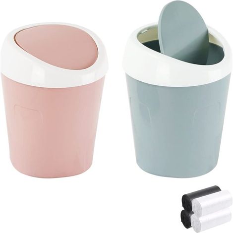 mini papeleras de escritorio, QLFJ-FurDec Mini papelera de plástico para mesa con tapa giratoria y 4 rollos de bolsas de basura para oficina, baño y cocina (azul, rosa) (1/4)