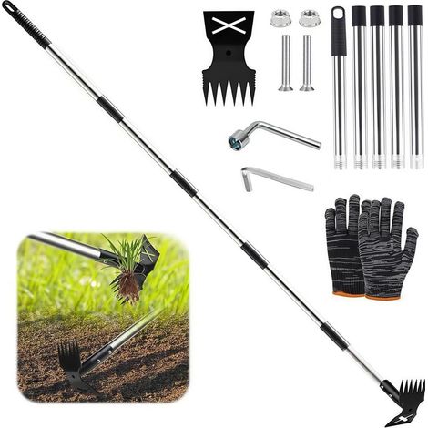 Desherbeur Manuel Long Manche de 180 cm, Râteau Manuel 2 en 1 et houe de Jardin, Arrache Mauvaise Herbe Long Manche, Multifonctionnelle Houe pour Jardinage, pour Cour, Pelouse, Terrasse