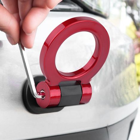 Auto tuning adhésif crochet remorque décoratif anneau rond tractage barre attelage plastique ABS rouge 10x8 cm universel avec clé sans perçage uniquement décoratif (1/5)