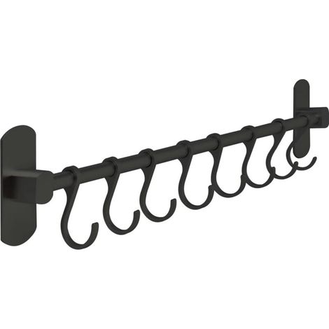 Schwarzer, selbstklebender Küchenutensilienhalter (49 x 2,5 x 9 cm) – Küchenutensilienleiste – Küchenstange mit 8 Haken – Organizer oder Hilfsmittel für Küche, Bad oder Garage