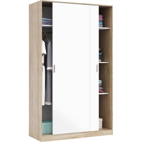 Armoire penderie 2 portes coulissantes – 3 étagères réglables – Chêne et blanc mat – Dimensions 120x50x200 cm – Habitdesign