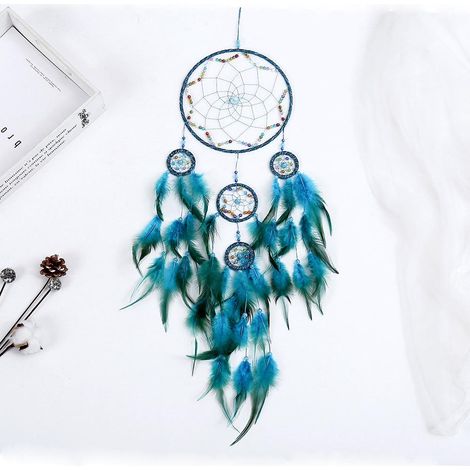 Attrape-rêves Plume Pendentif Carillon à Vent 5 Anneaux Décorations Maison Créatif Suspendu Bleu (1/5)