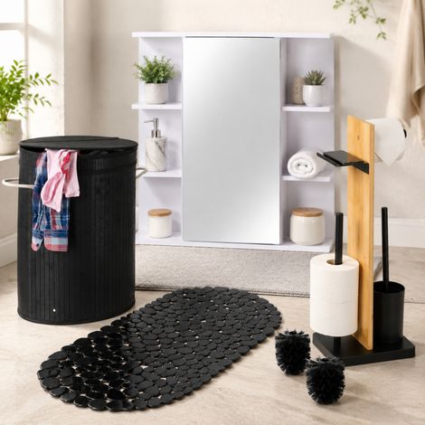 Badezimmer-Set für die ganze Familie (4-teilig) – Wäschekorb aus Bambus, Badematte, Spiegelschrank und Toilettenablage (1/5)