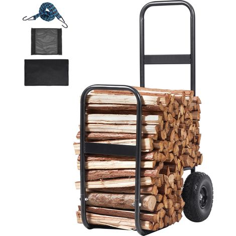 Chariot à Bûches, 113,4 kg, Rangement et Transport de Bois, Roues PU, Bâche Imperméable, Acier Robust, Noir (1/5)