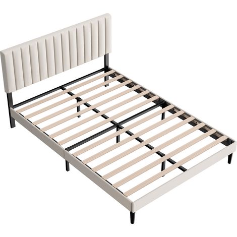 Cadre de lit adulte 140×190 cm, lit double avec tête de lit rembourrée réglable, 12 sommier lattes en bois massif, rangement sous le lit de 17 cm, beige