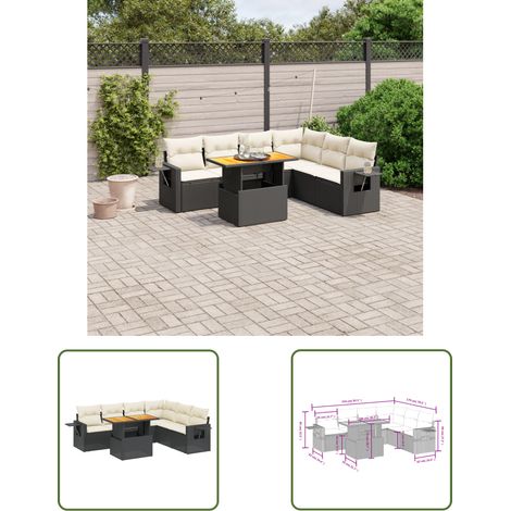 The Living Store Salon de jardin 7 pcs avec coussins noir résine tressée - Ensemble Salon De Jardin - Meuble Extérieur - Résine Tressée - Rotin Synthétique - Table Extensible (1/3)