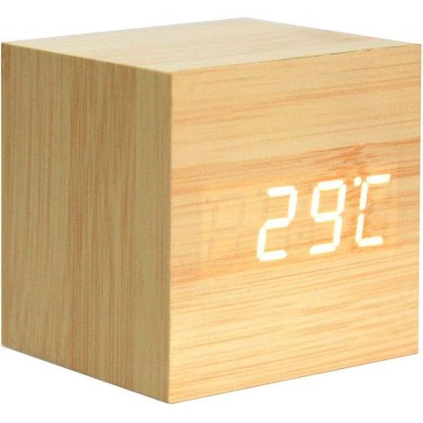 Réveil numérique LED, horloge cube en bois, horloge en bois, réveil en bois, horloge cube numérique à commande sonore pour chambre à coucher (1/5)
