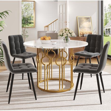 Conjunto de comedor de 5 piezas redondo 100 cm, MDF blanco y patas metálicas doradas DESVIAE (1/5)