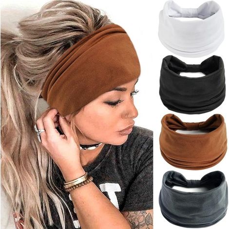 Lot de 4 bandeaux pour cheveux femme - Extra doux - Élastiques - Pour yoga et sport - Pour adultes et adolescentes - Blancs - Accessoires cheveux (1/5)