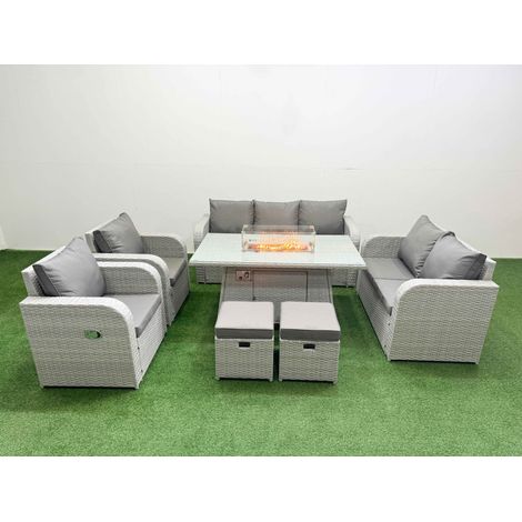 Fimous PE Rattan Garden Furniture Set Reclining Chair Sofa Double Love Seat 2 Seater Sofa Lounge Set Firepit Dining Table 2 Stools Light Grey (1/4)